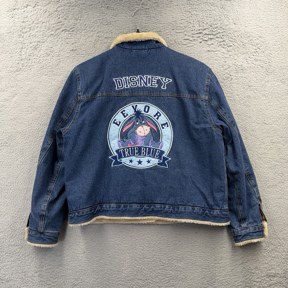 DISNEY Eeyore True Blue Denim Trucker Jacket Sherpa Lined Women's XL VTG